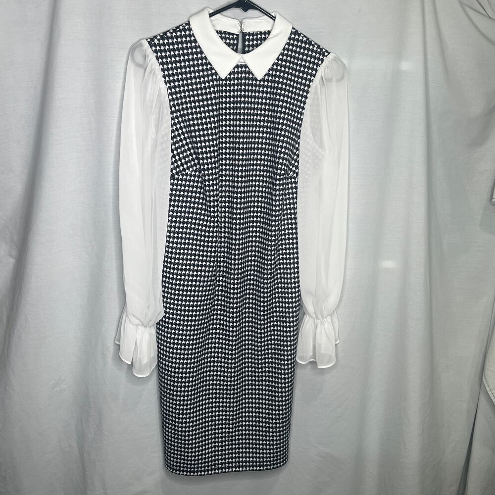 Shelby & Palmer Houndstooth Black White Sheer Sleeve Dress 6